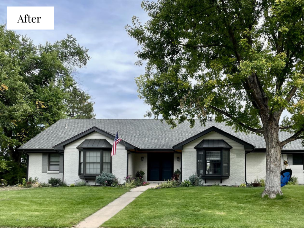 A home features SW Gossamer Veil exterior paint with SW Iron Ore trim.