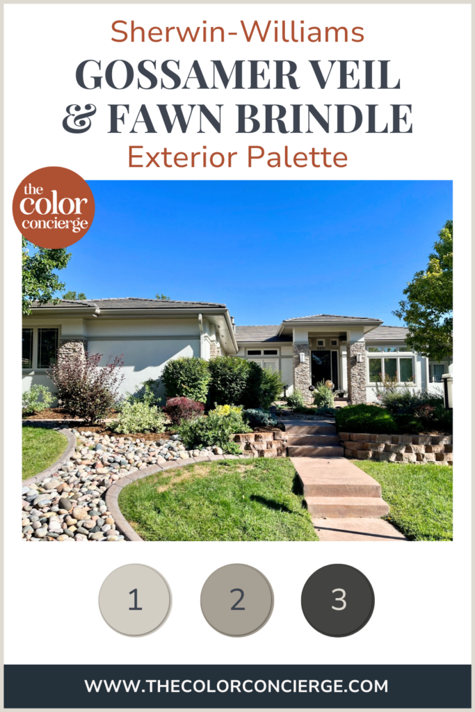 A home features a Sherwin-Williams Gossamer Veil exterior color palette