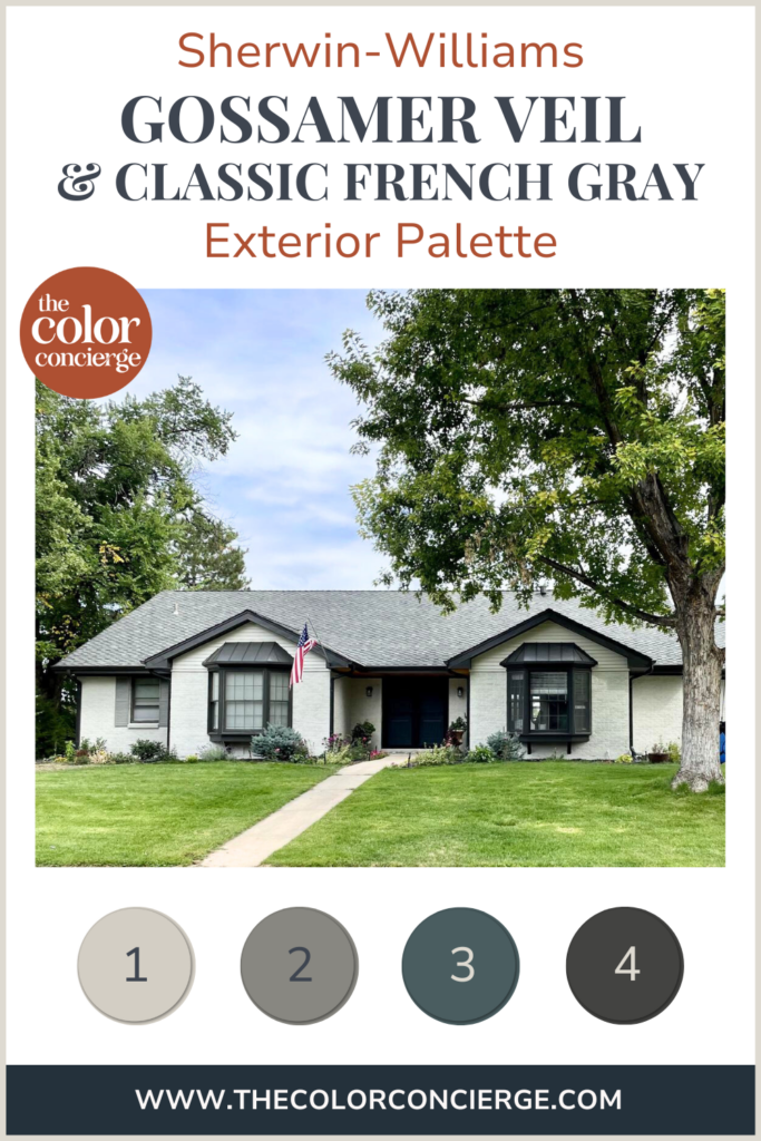 A home features a Sherwin-Williams Gossamer Veil exterior color palette