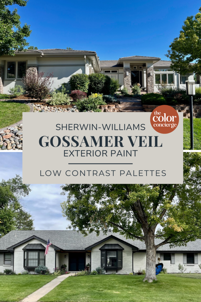 SW Gossamer Veil exterior paint is shown on two Denver homes.