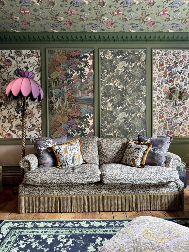 The Privy room in the House of Hackney London flagship features multiple wallpaper patterns on one wall.