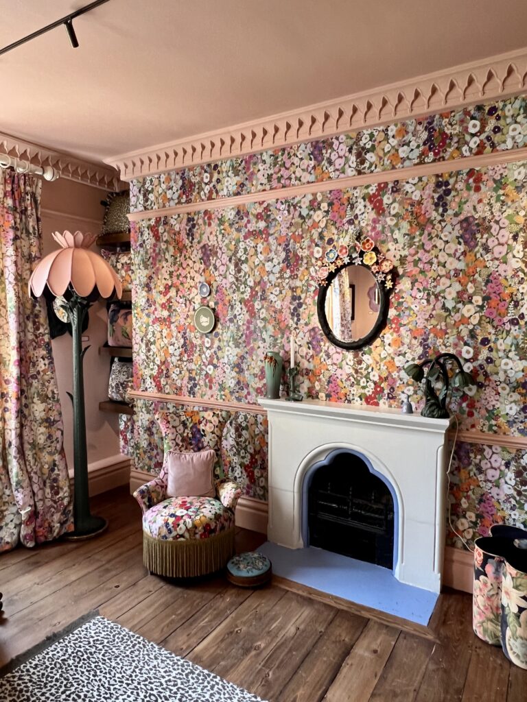 A House of Hackney pink bedroom features color drenching at the House of Hackney London store.