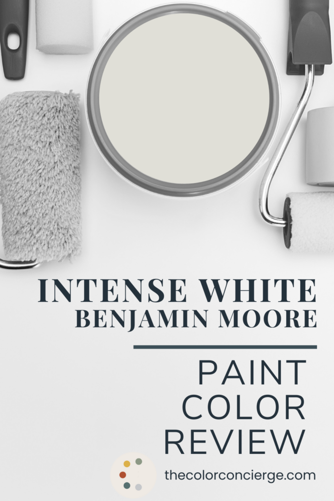 A bucket of Benjamin Moore Intense White paint with text