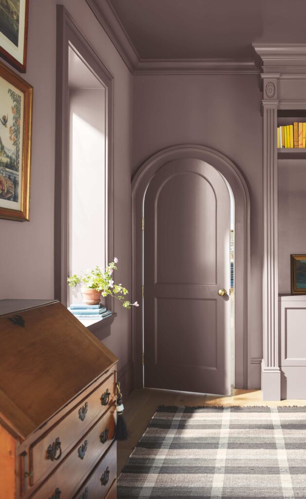 A room painted with BM Cinnamon Slate, the 2025 Color of the year