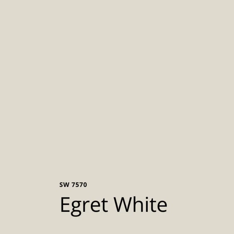 A swatch of SW Egret White paint, a light neutral paint color.