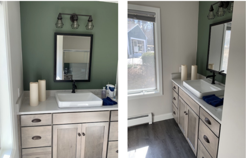 A bathroom is painted with Balboa Mist walls and a BM Rosepine accent wall.