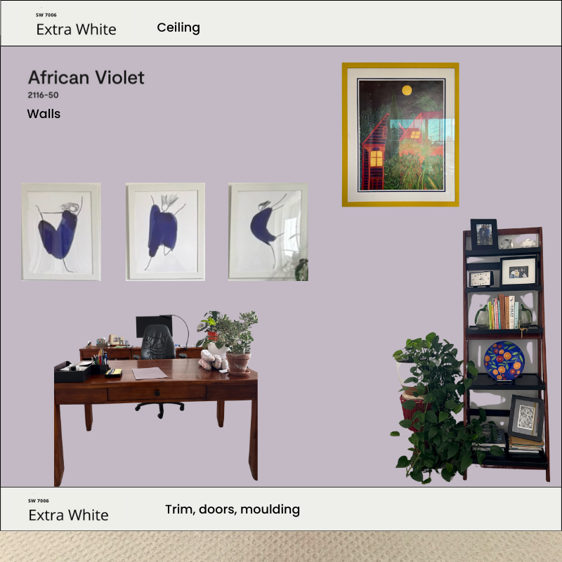 A mockup of an office painted with BM African Violet paint and SW Extra White trim and ceiling.