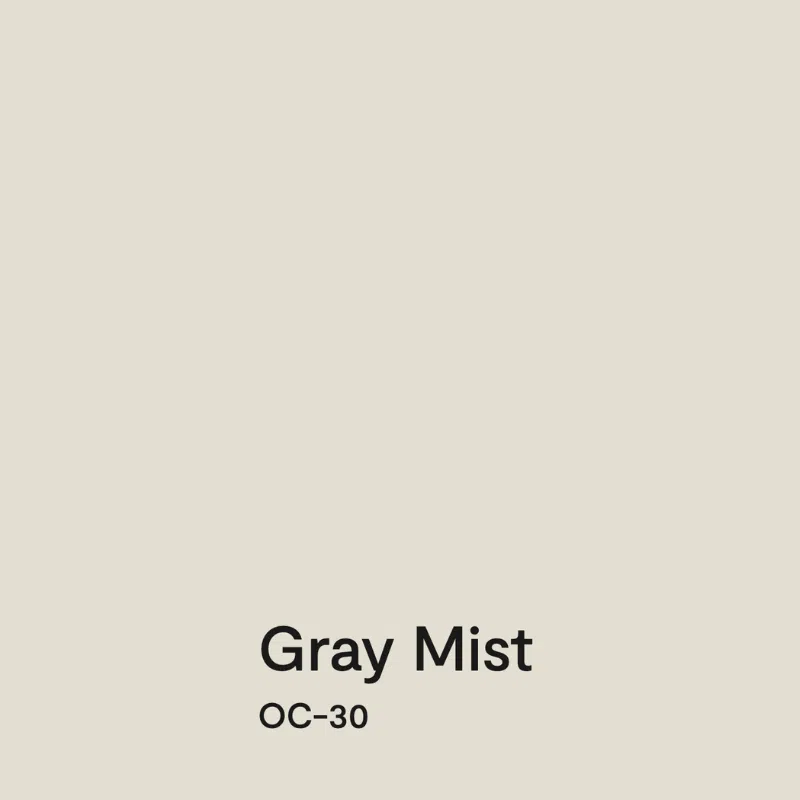 A swatch of Benjamin Moore Gray Mist paint, one of the best neutral paint colors 2025