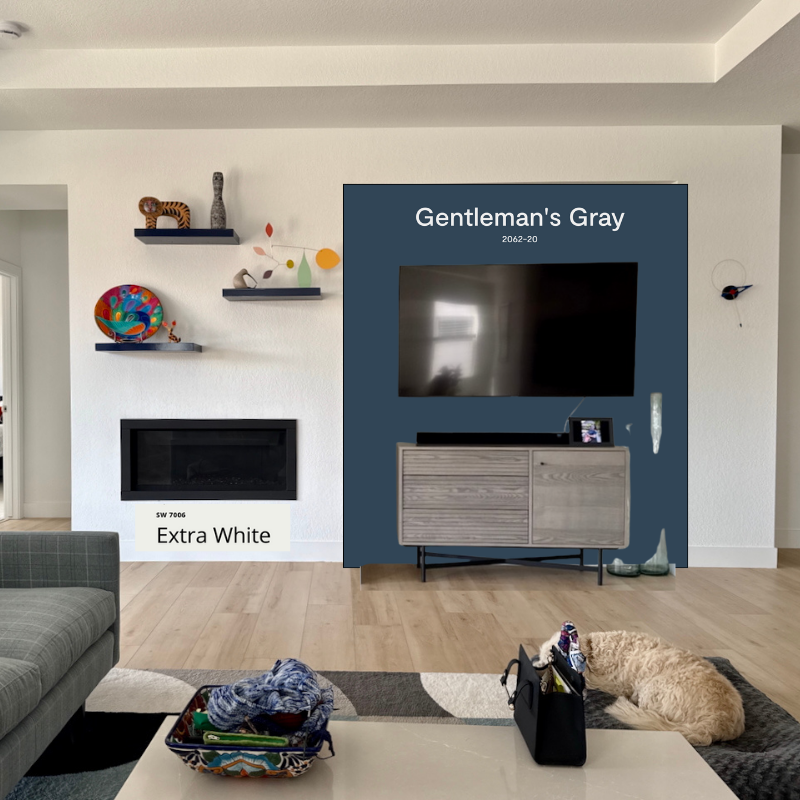 A mockup of a living room with SW Extra White walls and a BM Gentleman's Gray fireplace accent wall.