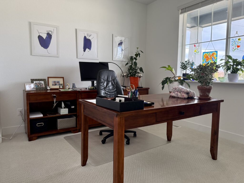 An office with low light and Sherwin-Williams Extra White walls. 
