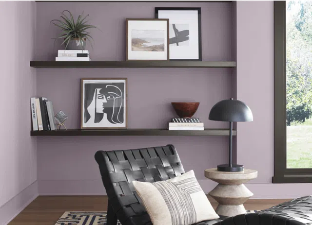 An office painted with SW Mauve Finery, part of the Sherwin-Williams 2025 Color of the Year Capsule