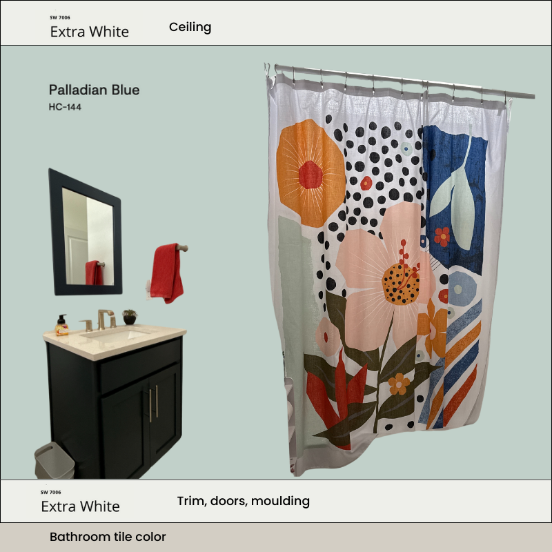 A mockup of a bathroom with SW Extra White trim and BM Palladian Blue walls.