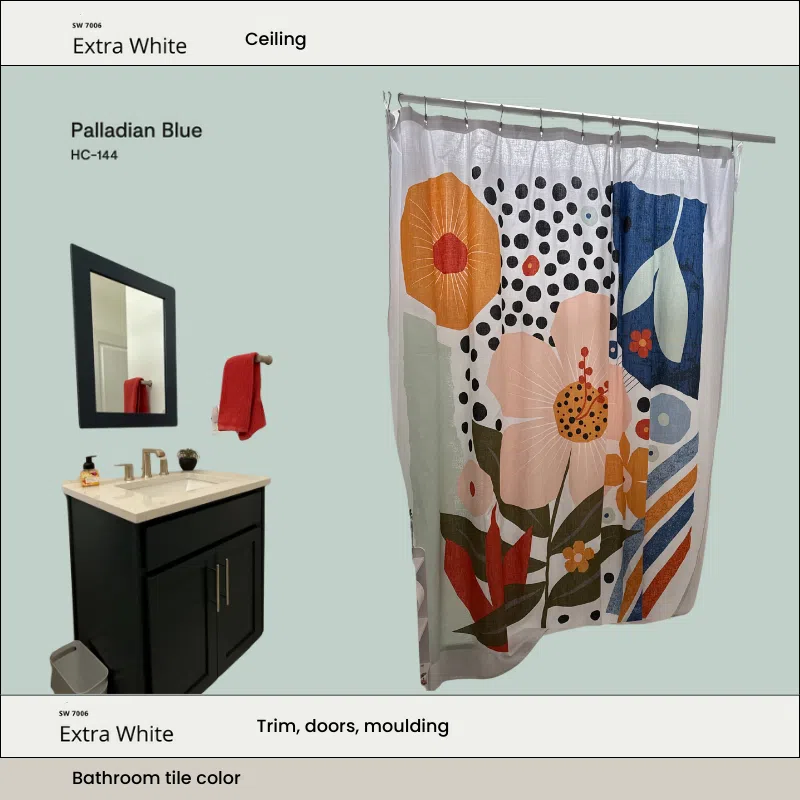 A mockup of a bathroom with SW Extra White trim and BM Palladian Blue walls.