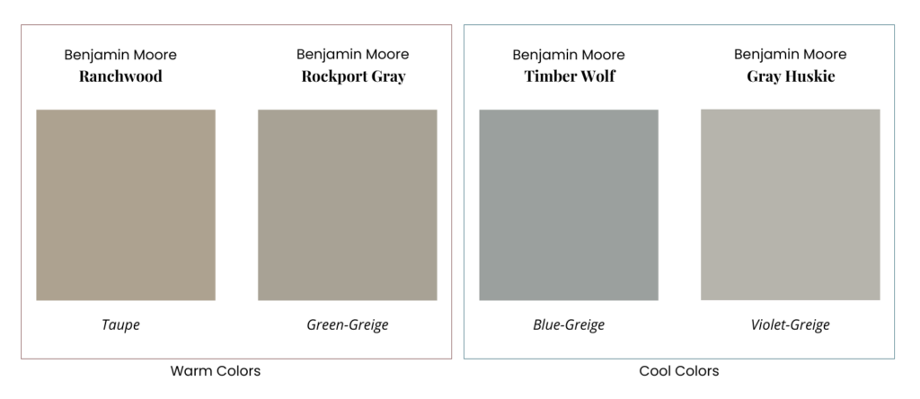 Four taupe and greige paint swatches