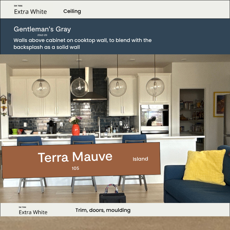 A kitchen featuring SW Extra White walls and a BM Terra Mauve kitchen island.