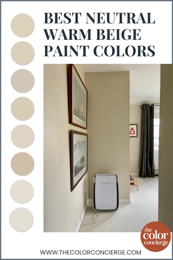 a series of warm beige paint color swatches next to a room painted with BM Manchester Tan