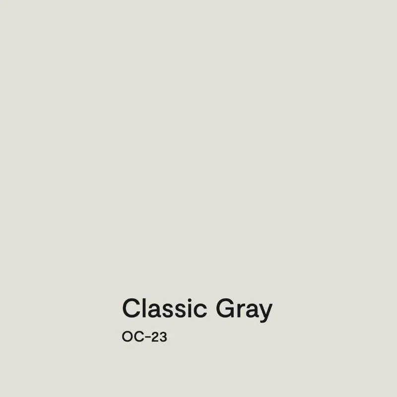 A swatch of Benjamin Moore Classic Gray exterior paint. 