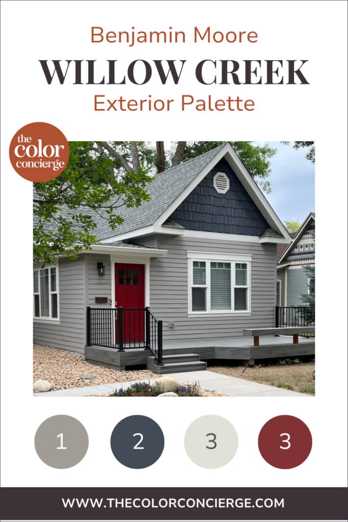 A gray and blue exterior color palette with a pop of red for the front door.