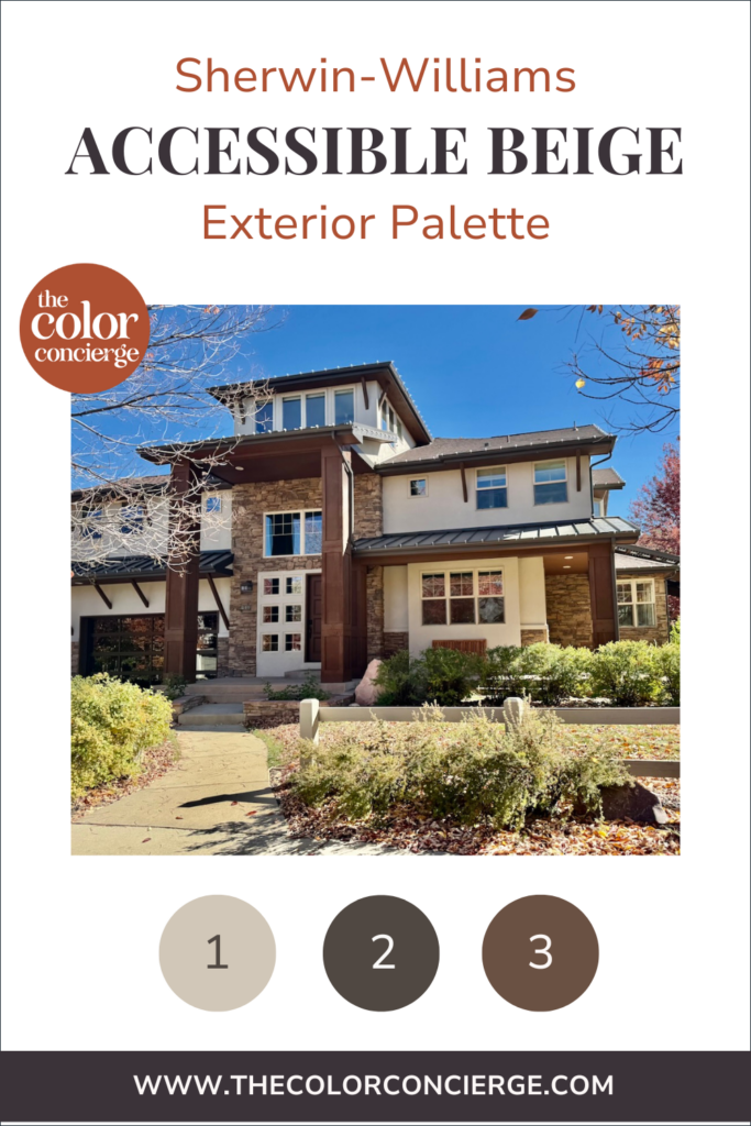 An exterior paint color palette features Accessible Beige exterior paint by Sherwin-Williams. 