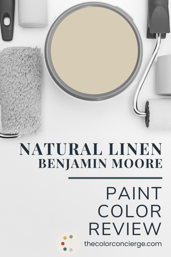 A bucket of paint filled with BM Natural Linen paint.