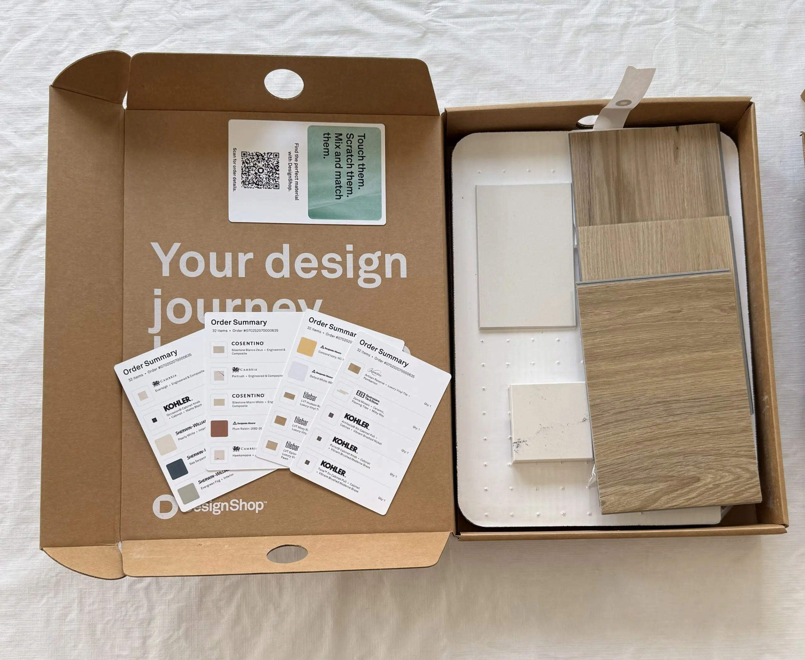 A box featuring DesignShop interior design samples, which were used to create 2025 kitchen design trends & color palettes.