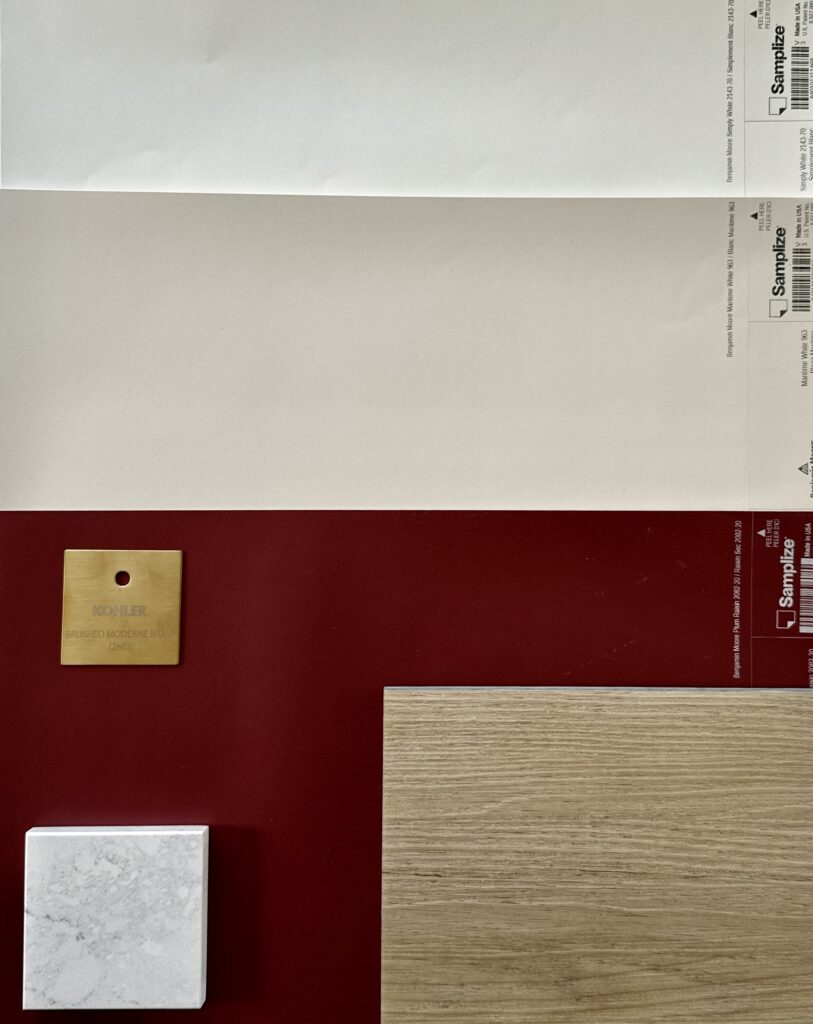 A collection of interior design samples featuring burgundy kitchen cabinet colors.