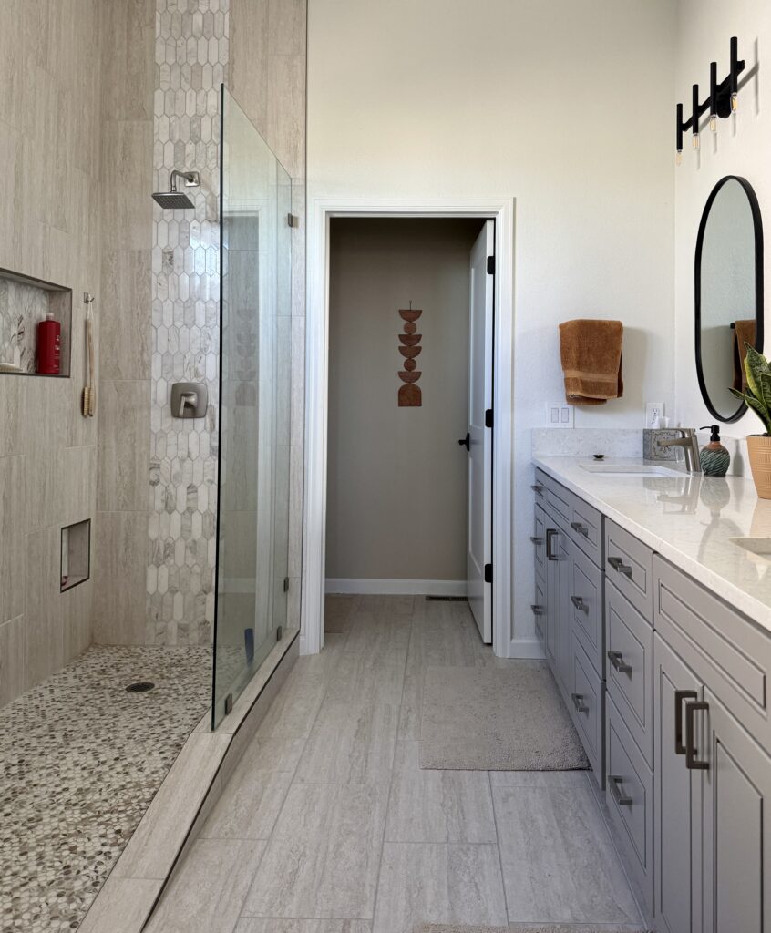 SW Alabaster Bathroom with SW Fawn Brindle Vanity, part of the Alabaster whole house color scheme