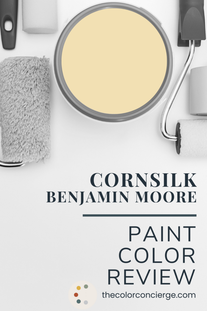 A bucket of Benjamin Moore Cornsilk paint