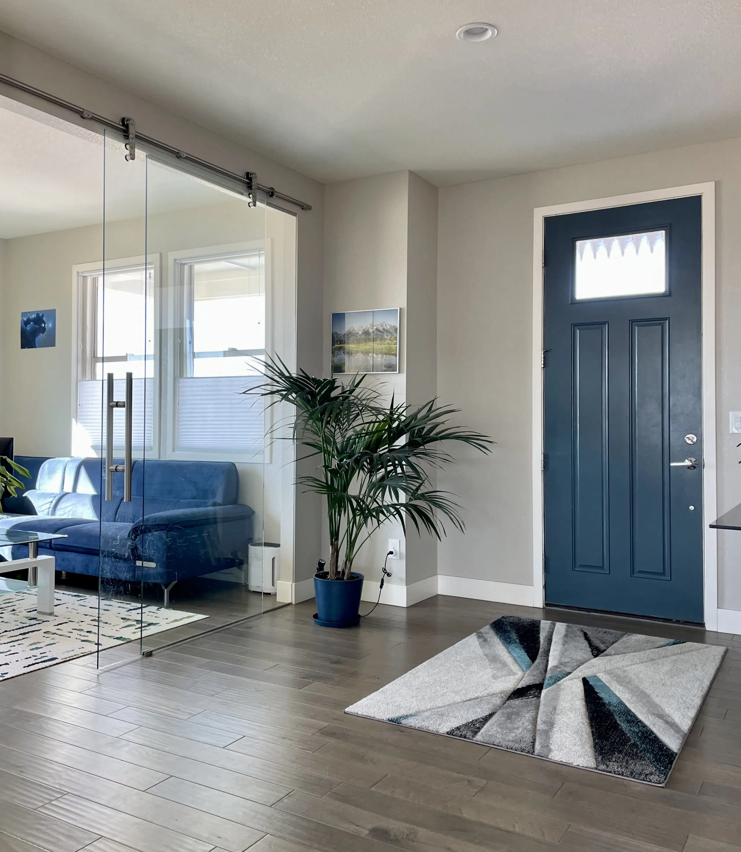 A BM Kensington Blue front door, one of our favorite interior front door paint colors