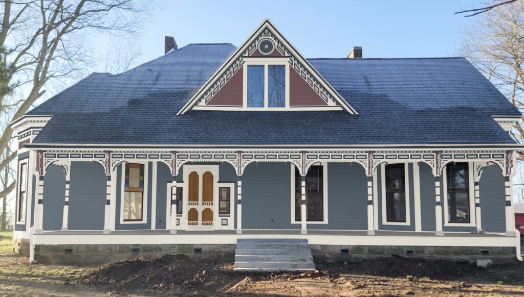 A rendering of our favorite Victorian farmhouse exterior paint colors in a color scheme. 