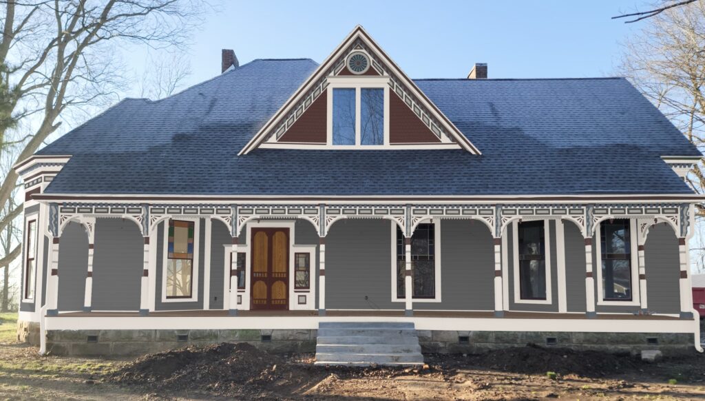 A Victorian farmhouse features SW Peppercorn siding