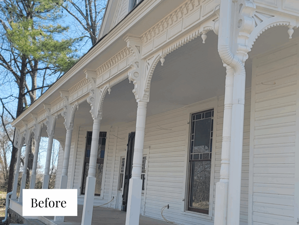 White Victorian farmhouse porch posts and ceiling