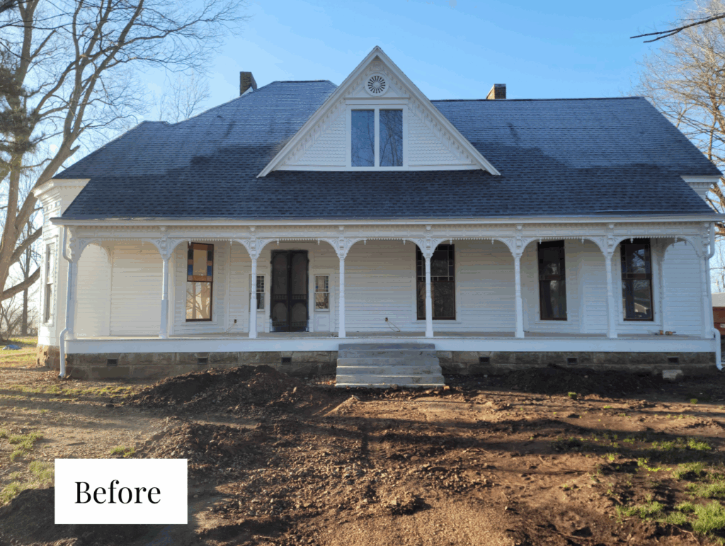 A white Victorian farmhouse features an all-white color palette before being updated with a timeless color palette.