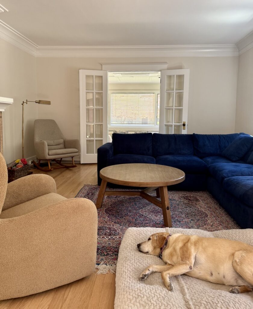 A Sherwin-Williams Shoji White living room with a blue rug and deep blue couch.