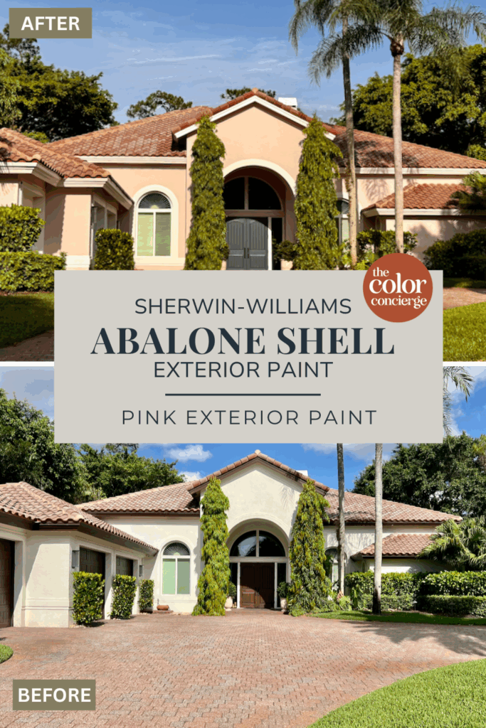 A before and after transformation of a Palm Beach stucco home, featuring a pink exterior paint color palette.