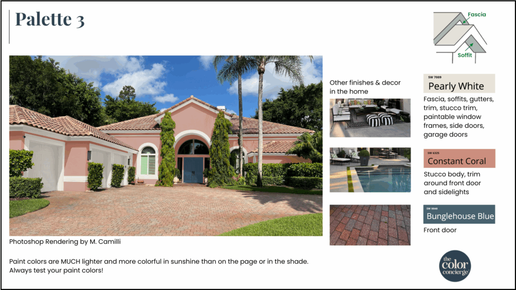 A photoshop rendering of a SW Constant Coral exterior color palette