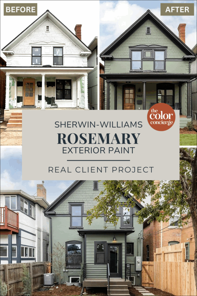 A Victorian home exterior paint transformation from white exterior to Sherwin-Williams Rosemary exterior