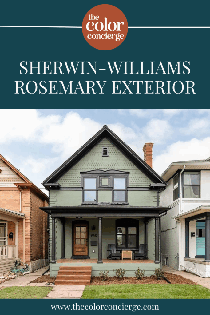 A Denver Victorian home features a Sherwin-Williams Rosemary exterior paint color palette.