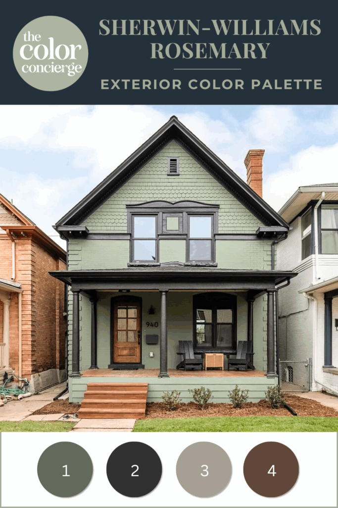 A Sherwin-Williams Rosemary exterior color palette featuring green siding and black exterior house trim. 