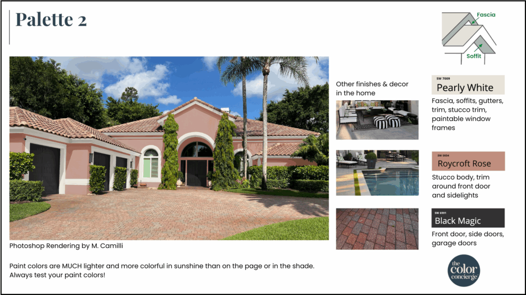 A photoshop rendering of a SW Roycroft Rose exterior color palette
