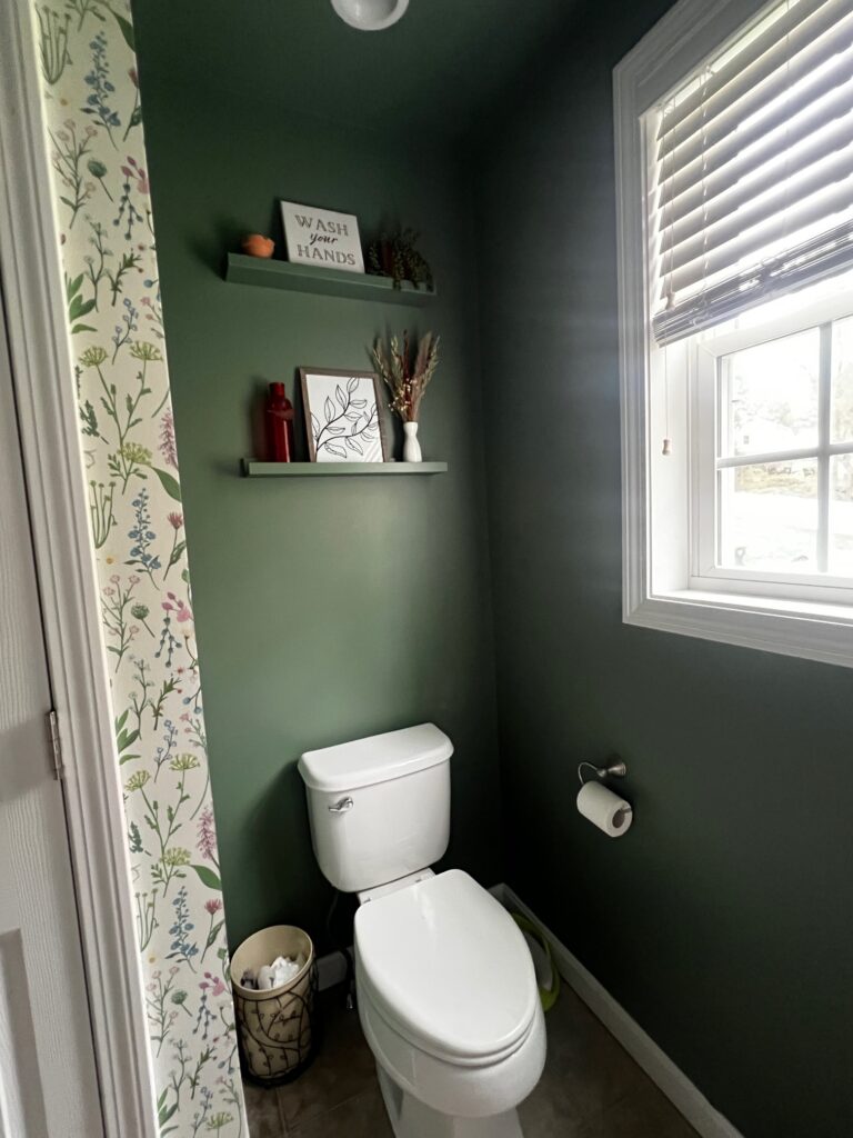 A moody green bathroom painted with Benjamin Moore Pinelands