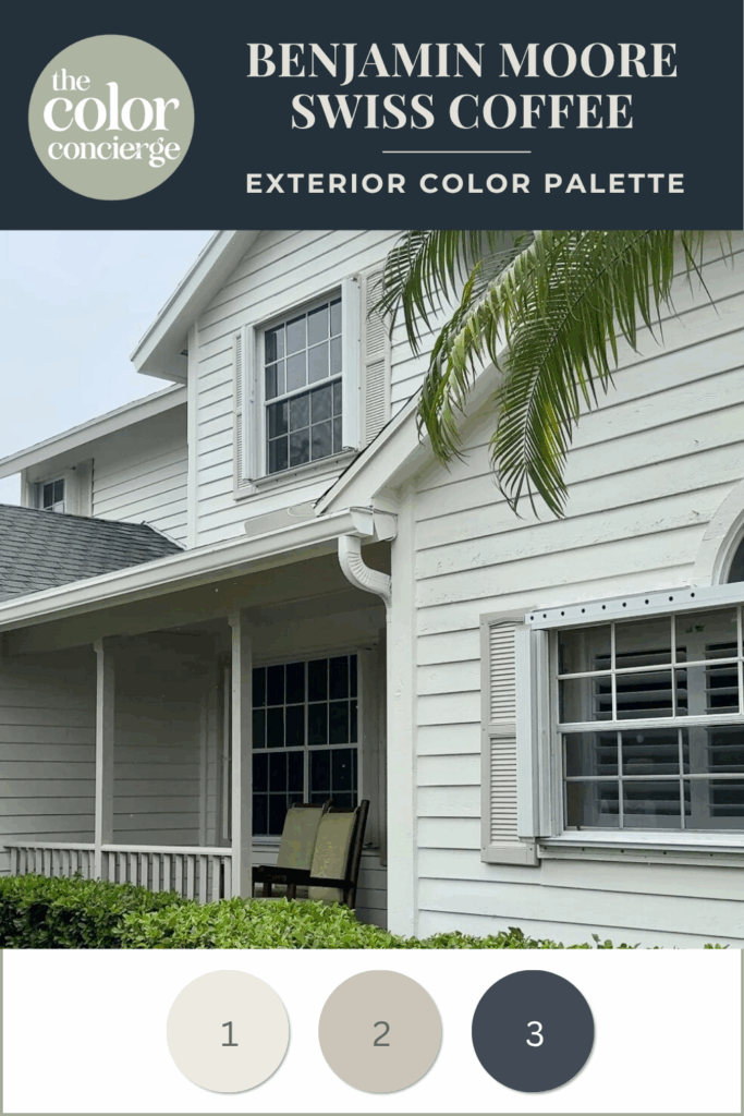 A home features a Benjamin Moore Swiss Coffee exterior paint color palette. 