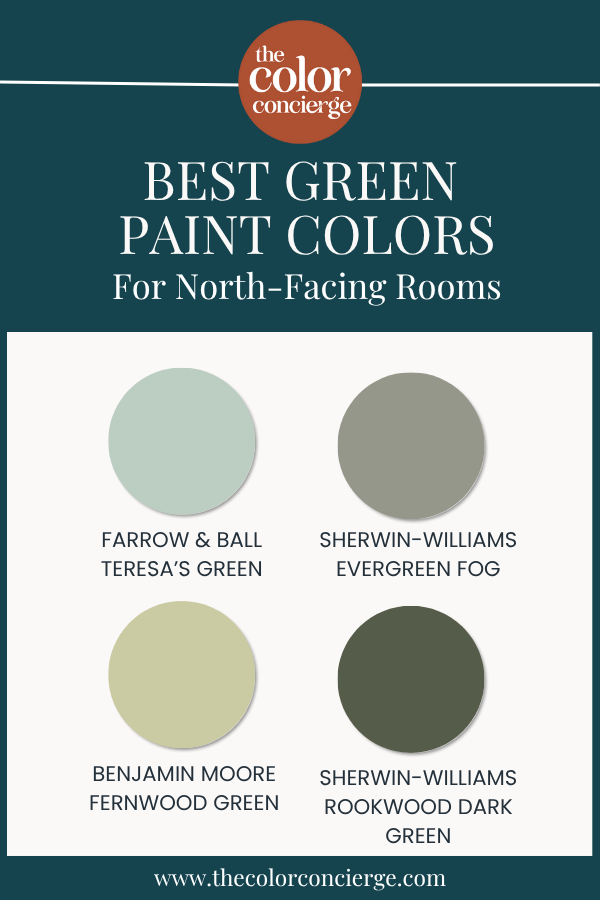 Swatches of the best green paint colors for North-facing rooms