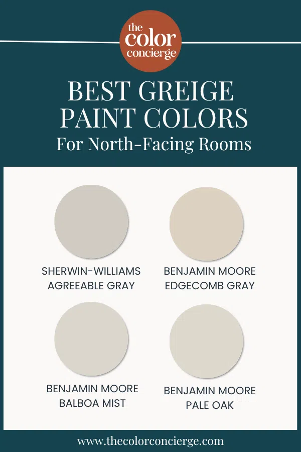 Swatches of the best greige paint colors for north-facing rooms