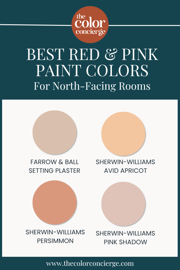A series of swatches of the best red and pink paint colors for North-facing rooms.