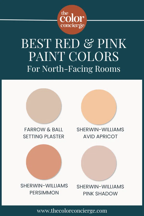 A series of swatches of the best red and pink paint colors for North-facing rooms.