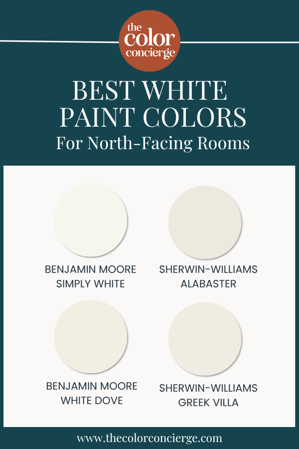 Swatches of the best white paint colors for North-facing rooms