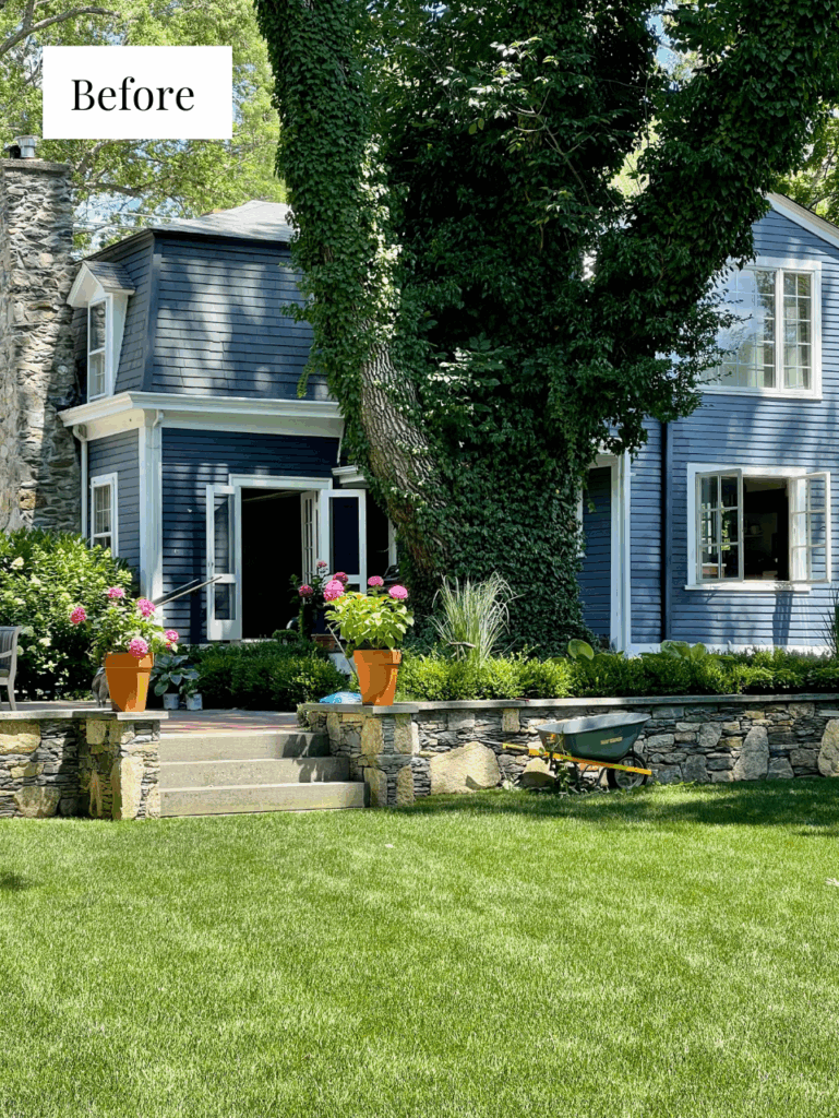 Blue exterior palette with ash tree