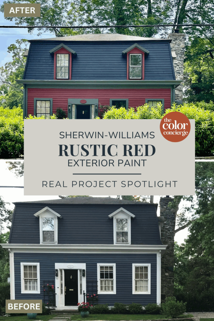 A before and after of a home painted with Sherwin-Williams Rustic Red exterior paint.