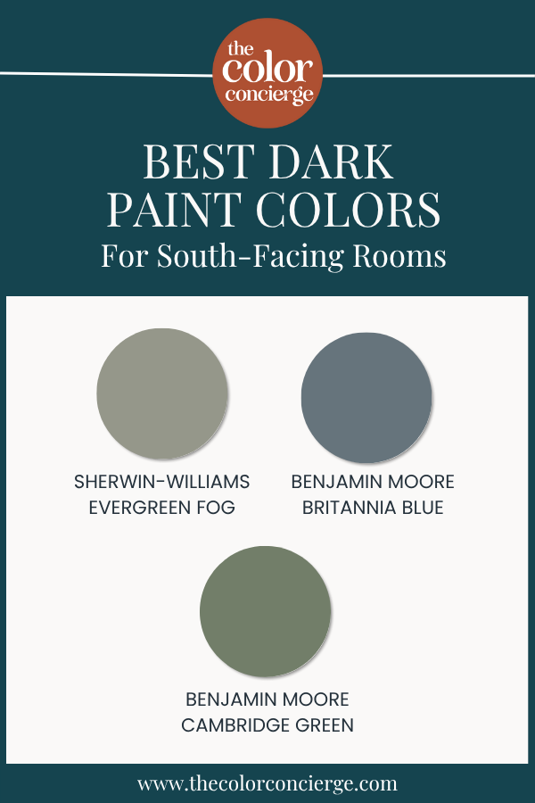 Swatches of dark paint colors for rooms with Southern exposure.